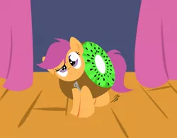 Size: 877x684 | Tagged: artist:rannva, costume, derpibooru import, giant produce, kiwi fruit, safe, school play, scootaloo, scootaloo can't fly, stage, stealth pun