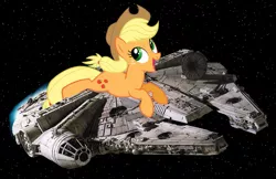 Size: 870x563 | Tagged: applejack, derpibooru import, han solo, millenium falcon, pony & spaceship, safe, star wars