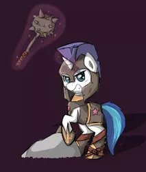 Size: 932x1093 | Tagged: dead source, safe, artist:spaerk, derpibooru import, shining armor, pony, unicorn, armor, colt, glare, gritted teeth, looking at you, mace, magic, solo, telekinesis, warrior, weapon, younger