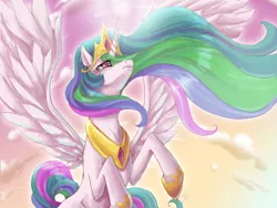 Size: 2304x1728 | Tagged: safe, artist:karnella, derpibooru import, princess celestia, alicorn, pony, cloud, female, flying, looking up, mare, rearing, sad, solo, spread wings, wings