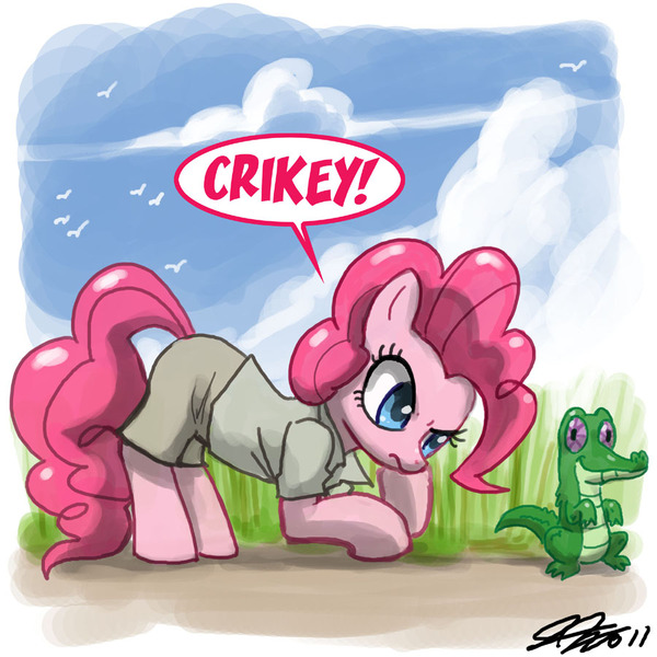 Size: 900x900 | Tagged: artist:johnjoseco, crikey, crossover, derpibooru import, gummy, pinkie pie, safe, steve irwin