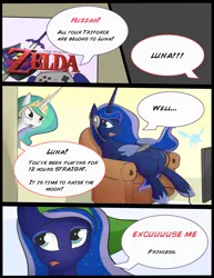 Size: 1024x1324 | Tagged: alicorn, artist:sosweetntasty, chair, comic, controller, derpibooru import, gamer luna, headphones, looking at each other, monitor, parody, princess celestia, princess luna, safe, the legend of zelda, well excuse me princess