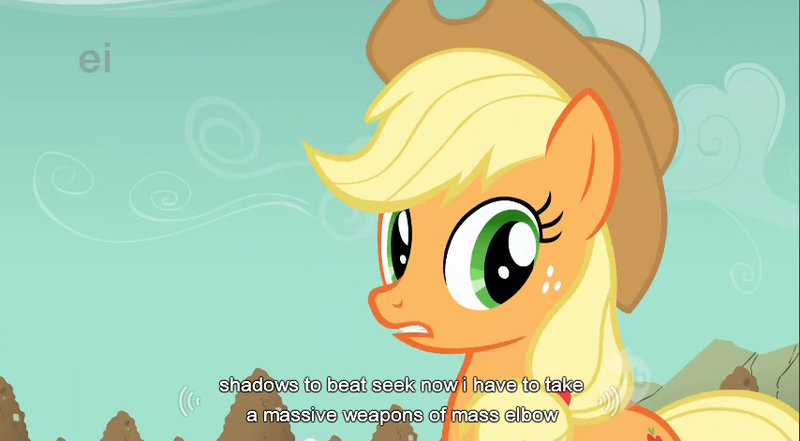 Size: 854x471 | Tagged: applejack, derpibooru import, safe, screencap, solo, youtube caption