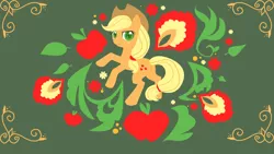 Size: 1366x768 | Tagged: safe, artist:karnella, derpibooru import, applejack, earth pony, pony, abstract background, apple, female, mare, rearing, solo