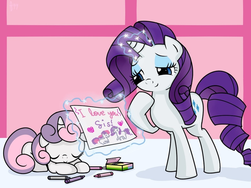 Size: 1024x768 | Tagged: safe, artist:frankier77, derpibooru import, rarity, sweetie belle, pony, unicorn, crayon, cute, daaaaaaaaaaaw, diasweetes, drawing, duo, duo female, female, filly, foal, glowing horn, hnnng, levitation, magic, mare, paint tool sai, raribetes, sisters, sleeping, telekinesis