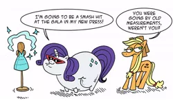 Size: 600x353 | Tagged: safe, artist:krampuskind, derpibooru import, applejack, rarity, earth pony, pony, unicorn, fat, female, impossibly large butt, magic, mare, obese, raritubby