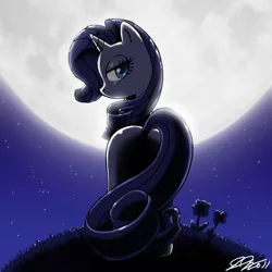 Size: 900x900 | Tagged: artist:johnjoseco, clothes, derpibooru import, dress, looking at you, looking back, moon, night, plot, rarity, safe, solo