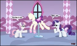 Size: 2067x1248 | Tagged: safe, artist:toxic-mario, derpibooru import, rarity, sweetie belle, pony, unicorn, carousel boutique, clothes, dress, duo, duo female, female, filly, mannequin, mare, ponyquin, raised hoof, window