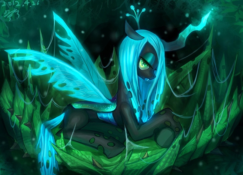 Size: 999x722 | Tagged: safe, artist:pmo0908, derpibooru import, queen chrysalis, changeling, changeling queen, fangs, female, floppy ears, glow, image, jpeg, looking at you, magic, night, open mouth, prone, signature, solo