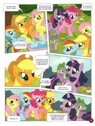 Size: 752x1000 | Tagged: applejack, comic, derpibooru import, fluttershy, official, official content, pinkie pie, rainbow dash, safe, slip 'n' slide, spike, translation, twilight is a lion, twilight sparkle