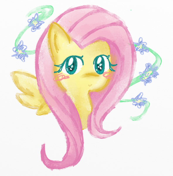 Size: 696x708 | Tagged: safe, artist:ofruittango, derpibooru import, fluttershy, pegasus, pony, blushing, bust, female, flower, looking at you, mare, portrait, smiling, solo, three quarter view