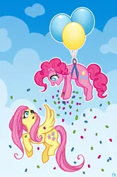 Size: 531x800 | Tagged: artist:malliya, balloon, confetti, derpibooru import, fluttershy, flying, pinkie pie, safe, then watch her balloons lift her up to the sky