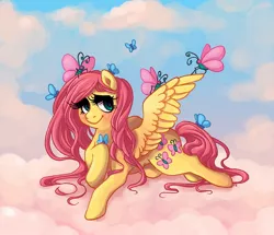 Size: 800x688 | Tagged: animal, artist:malliya, butterfly, cloud, cloudy, derpibooru import, eyelashes, fluttershy, insect, safe, solo