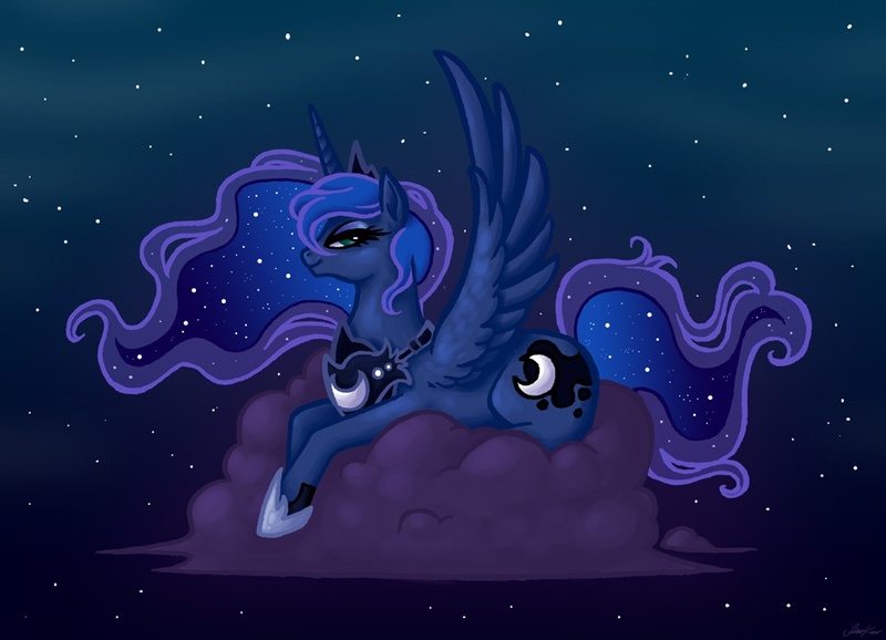 Size: 900x650 | Tagged: safe, artist:malliya, derpibooru import, princess luna, alicorn, pony, bedroom eyes, cloud, female, mare, night, on a cloud, profile, prone, sky, solo, spread wings, starry night, stars, wings