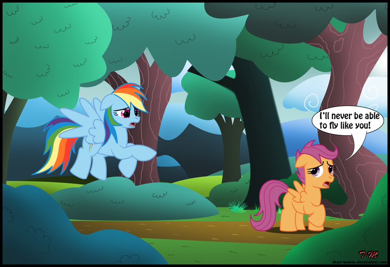 Size: 1824x1247 | Tagged: safe, artist:toxic-mario, derpibooru import, rainbow dash, scootaloo, pegasus, pony, disabled, duo, duo female, female, filly, forest, mare, sad