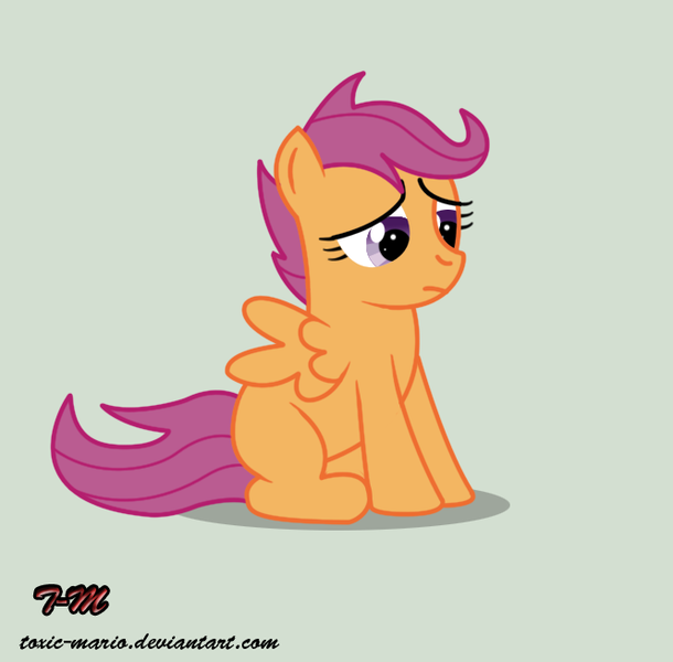 Size: 665x654 | Tagged: safe, artist:toxic-mario, derpibooru import, scootaloo, pegasus, pony, female, filly, gray background, sad, simple background, sitting, solo