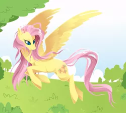 Size: 833x754 | Tagged: artist:kilo, derpibooru import, flower, flower in hair, fluttershy, flying, looking at something, looking down, safe, solo, spread wings