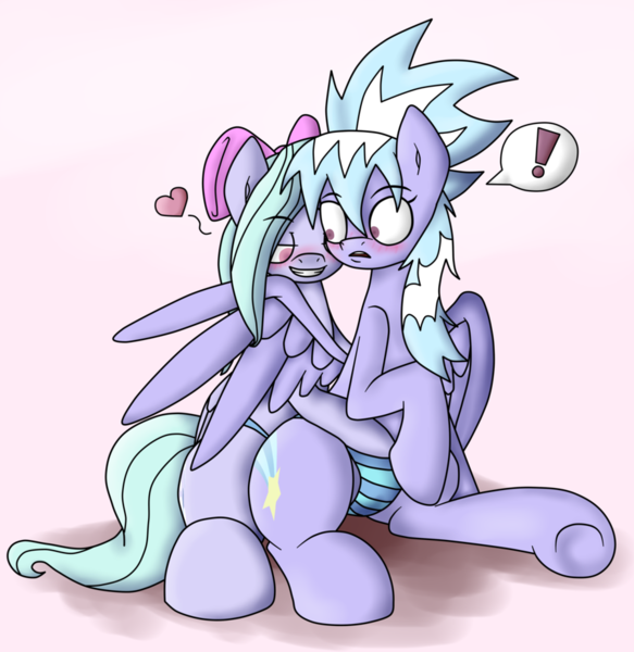 Size: 900x926 | Tagged: questionable, artist:efrejok, derpibooru import, cloudchaser, flitter, pegasus, pony, bad touch, bedroom eyes, blushing, clothes, duo, duo female, exclamation point, female, females only, grin, heart, incest, lesbian, mare, molestation, panties, pegacest, personal space invasion, shipping, smiling, striped underwear, underwear