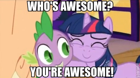 Size: 474x263 | Tagged: artifact, bronybait, derpibooru import, hubble, hub logo, motivational, roflbot, safe, spike, twilight sparkle, who's awesome? you're awesome