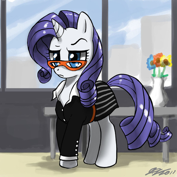 Size: 900x900 | Tagged: artist:johnjoseco, businessmare, business suit, clothes, crossover, derpibooru import, dress, dress suit, glasses, hilarious in hindsight, rarity, rarity's glasses, safe, solo, suit, the devil wears prada