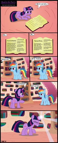 Size: 1422x3471 | Tagged: safe, artist:toxic-mario, derpibooru import, rainbow dash, twilight sparkle, pegasus, pony, unicorn, book, comic, duo, duo female, female, filly, foal, golden oaks library, library, photoshop, unicorn twilight