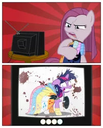 Size: 1050x1299 | Tagged: grimdark, derpibooru import, pinkie pie, twilight sparkle, pony, fanfic:cupcakes, cutie mark dress, exploitable meme, meme, pinkamena diane pie, sunburst background, tv meme, twilight snapple