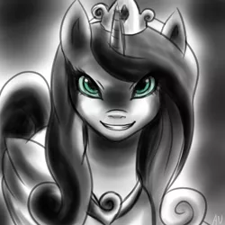 Size: 2000x2000 | Tagged: safe, artist:animecreator, derpibooru import, princess cadance, queen chrysalis, alicorn, pony, abstract background, disguise, disguised changeling, fake cadance, female, frown, glare, glowing eyes, grayscale, grin, high res, image, jpeg, looking at you, mare, monochrome, neo noir, partial color, signature, smiling, solo
