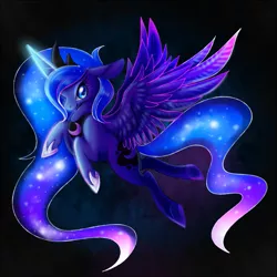 Size: 675x675 | Tagged: safe, artist:chiots, derpibooru import, princess luna, pony, female, flying, glowing horn, horn, mare, smiling, solo