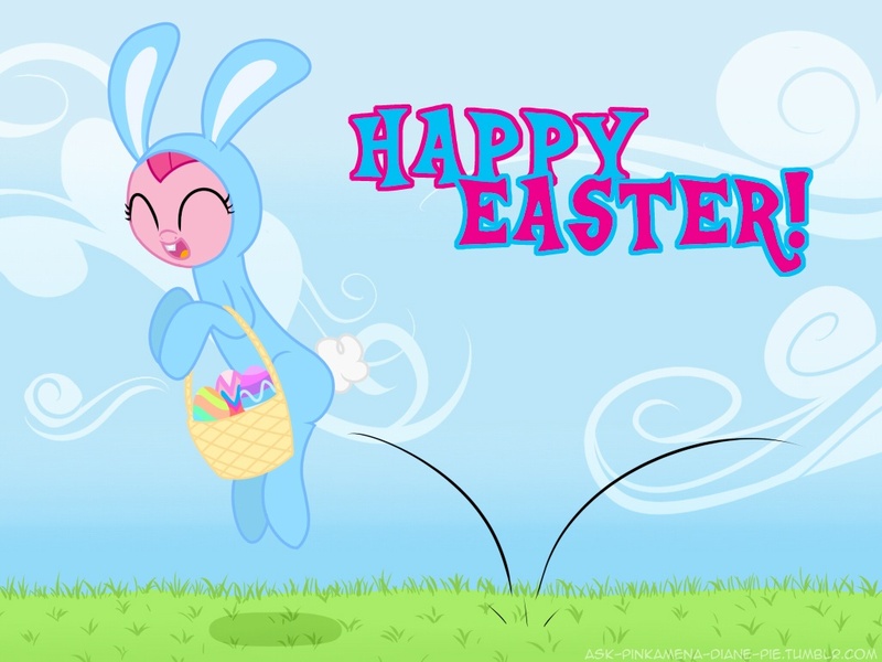 Size: 1024x768 | Tagged: artist:frankier77, ask, ask pinkamena diane pie, basket, bunny costume, clothes, costume, derpibooru import, easter, easter egg, egg, eyes closed, jumping, pinkie pie, safe, solo, tumblr