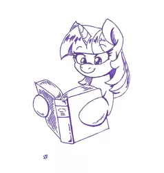 Size: 596x626 | Tagged: safe, artist:joey darkmeat, derpibooru import, twilight sparkle, pony, book, female, mare, monochrome, reading, smiling, solo, traditional art