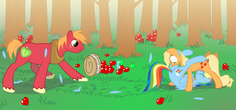 Size: 6000x2800 | Tagged: suggestive, artist:sotoco, derpibooru import, applejack, big macintosh, rainbow dash, earth pony, pegasus, pony, apple, appledash, crash landing, eyes closed, feather, female, frown, lesbian, lesbian in front of boys, lip bite, looking at her butt, male, on back, open mouth, rainbow crash, scrunchy face, shipping, surprised, wavy mouth, wide eyes