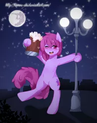 Size: 709x900 | Tagged: artist:tomoe-chi, berry punch, berryshine, blushing, cider, dead source, derpibooru import, drunk, female, moon, night, one eye closed, safe