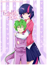 Size: 640x880 | Tagged: artist:tomoe-chi, clothes, dead source, derpibooru import, eared humanization, horned humanization, hug, humanized, safe, spike, spikelove, tailed humanization, twilight sparkle