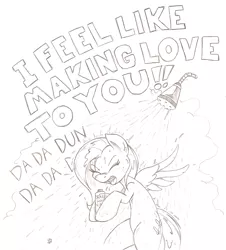 Size: 850x940 | Tagged: safe, artist:joey darkmeat, derpibooru import, fluttershy, pegasus, pony, bad company, batman, black and white, feel like makin love, grayscale, monochrome, shower, singing, singing in the shower, solo, song reference, traditional art