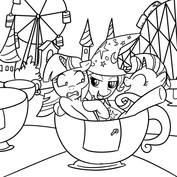 Size: 1000x1000 | Tagged: safe, artist:madmax, derpibooru import, rarity, trixie, twilight sparkle, pony, unicorn, black and white, carnival, female, grayscale, lesbian, lineart, mare, monochrome, shipping, teacup, teacups, twixie