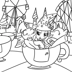 Size: 1000x1000 | Tagged: safe, artist:madmax, derpibooru import, rarity, trixie, twilight sparkle, pony, unicorn, black and white, carnival, female, grayscale, lesbian, lineart, mare, monochrome, shipping, teacup, teacups, twixie