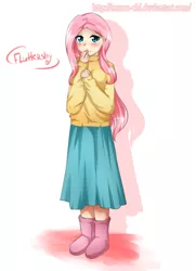 Size: 871x1200 | Tagged: artist:tomoe-chi, boots, breasts, clothes, dead source, derpibooru import, female, fluttershy, human, humanized, long skirt, safe, shoes, skirt, solo, sweater, sweatershy