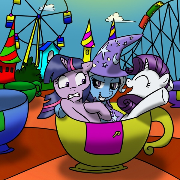 Size: 1000x1000 | Tagged: safe, artist:madmax, derpibooru import, rarity, trixie, twilight sparkle, colored, female, lesbian, rarilight, rarixie, shipping, teacups, twixie, twixity