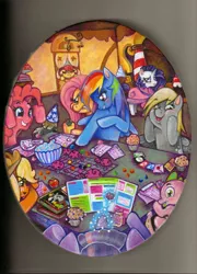 Size: 2499x3464 | Tagged: safe, artist:solanumepidemic, derpibooru import, apple bloom, applejack, derpy hooves, discord, fluttershy, pinkie pie, rainbow dash, rarity, rocky, spike, twilight sparkle, pegasus, pony, apple, bathrobe, clothes, dungeons and dragons, female, food, high res, magic, mane seven, mane six, mare, muffin, robe, uno