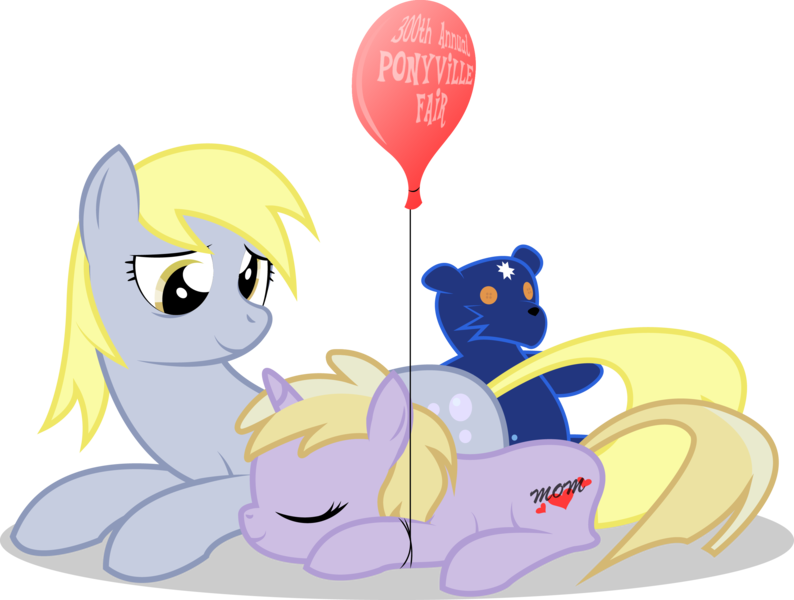 Size: 2845x2150 | Tagged: safe, artist:emkay-mlp, derpibooru import, derpy hooves, dinky hooves, pegasus, pony, unicorn, ursa minor, balloon, duo, equestria's best mother, eyes closed, female, filly, foal, high res, mare, mother and daughter, plushie, sleeping, teddy bear, ursa plush