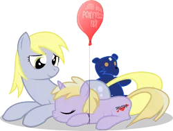 Size: 2845x2150 | Tagged: safe, artist:emkay-mlp, derpibooru import, derpy hooves, dinky hooves, pegasus, pony, unicorn, ursa minor, balloon, duo, equestria's best mother, eyes closed, female, filly, foal, high res, mare, mother and daughter, plushie, sleeping, teddy bear, ursa plush