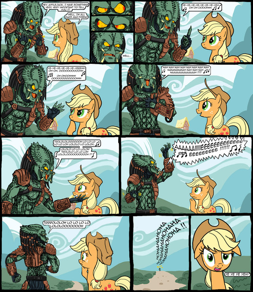 Size: 1500x1732 | Tagged: applejack, derpibooru import, predator (franchise), safe, trololo, wat, yautja