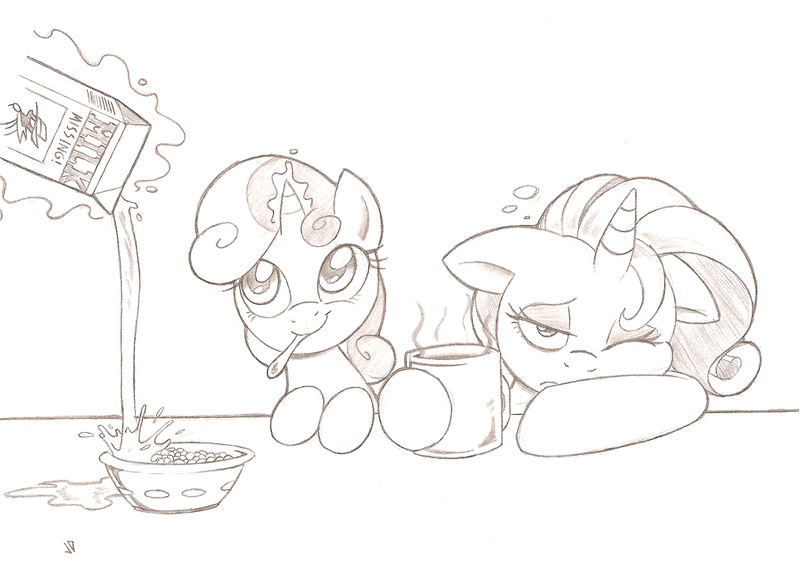 Size: 1013x724 | Tagged: artist:joey darkmeat, cereal, coffee, cute, derpibooru import, milk, monochrome, morning, rarity, safe, sweetie belle, traditional art