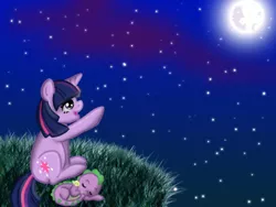 Size: 640x480 | Tagged: artist:hellboundpromises, baby, baby dragon, derpibooru import, filly, moon, newborn, safe, spike, twilight sparkle