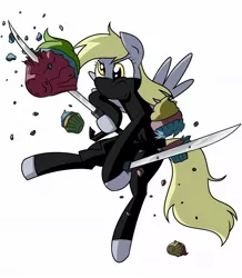 Size: 1068x1224 | Tagged: safe, artist:frankier77, derpibooru import, derpy hooves, pony, bipedal, clothes, cupcake, ninja, solo, sword, weapon