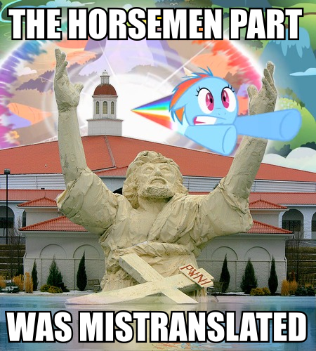 Size: 450x500 | Tagged: artist:ponyweed, derpibooru import, filly, foal, four horsemen of the apocalypse, image macro, jesus christ, parody, rainbow dash, safe, sonic rainboom, touchdown jesus