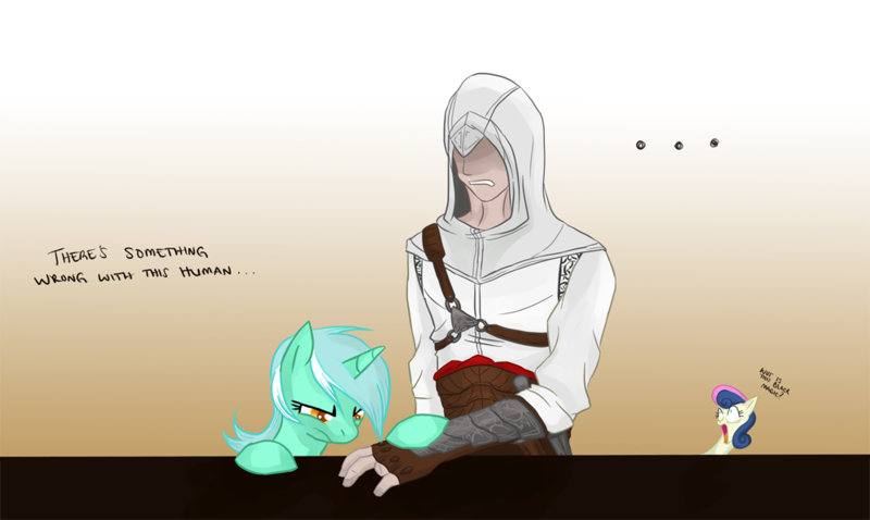 Size: 1000x597 | Tagged: safe, artist:theeroyalwe, derpibooru import, bon bon, lyra heartstrings, sweetie drops, earth pony, human, pony, unicorn, assassin's creed, crossover