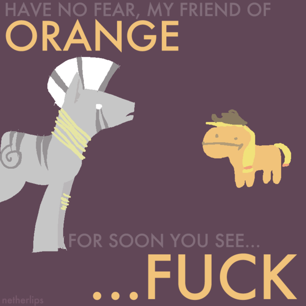 Size: 800x800 | Tagged: applejack, artist:netherlips, derpibooru import, orange, rhyme fail, safe, vulgar, zebra, zecora