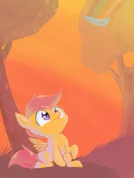 Size: 1500x2000 | Tagged: safe, artist:spanish-scoot, derpibooru import, scootaloo, pegasus, pony, feather, female, filly, happy, looking up, paint tool sai, sitting, solo, tree