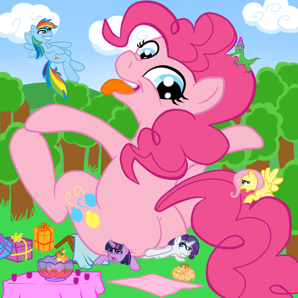 Size: 1100x1100 | Tagged: suggestive, artist:khorme, derpibooru import, applejack, fluttershy, gummy, pinkie pie, rainbow dash, rarity, twilight sparkle, pony, appletini, balloonbutt, butt crush, crushing, flattened, giant pony, giantess, macro, mane six, party, plot, sitting